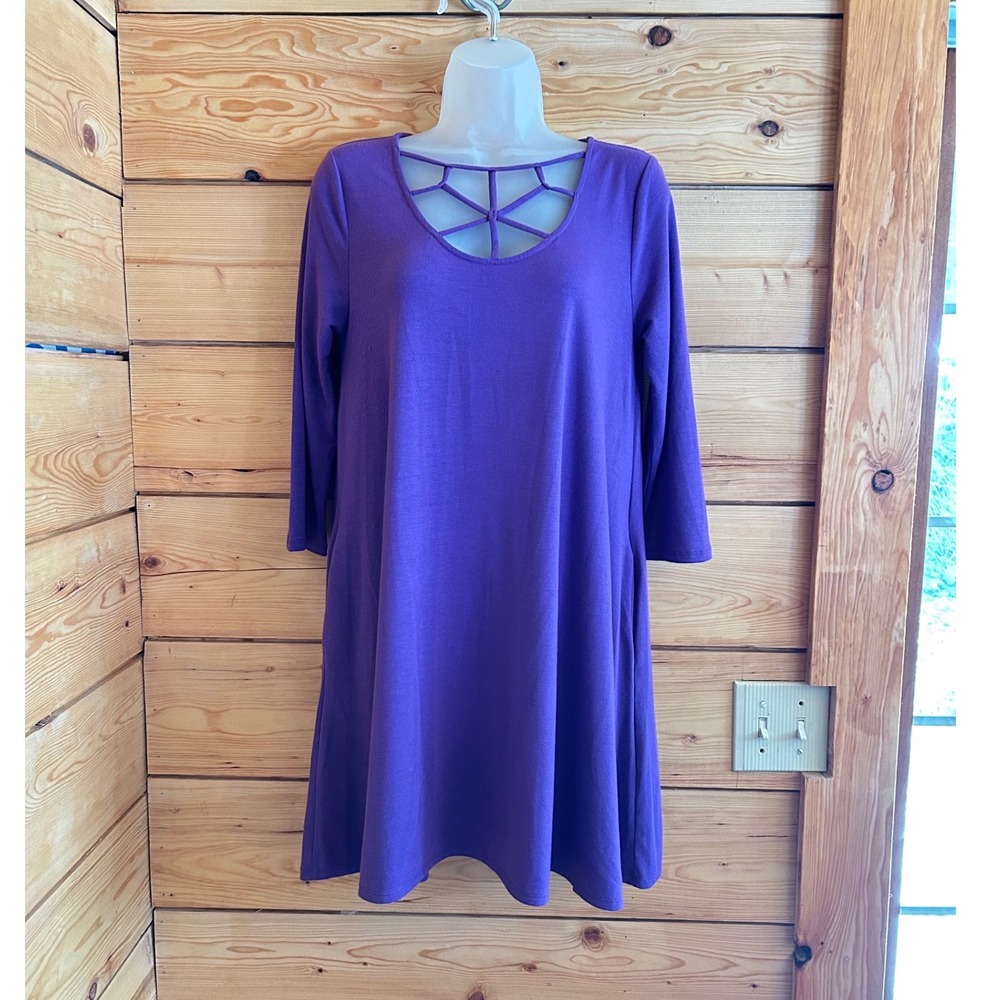 Zenana Premium Purple Lattice Neck Swing Dress Pockets Womens Medium Boho Resort